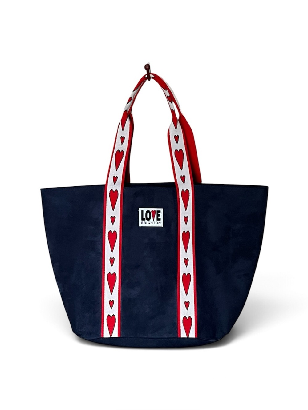 Brighton Faux Suede Blue Velveteen Love Tote Bag with Red/White Heart Straps